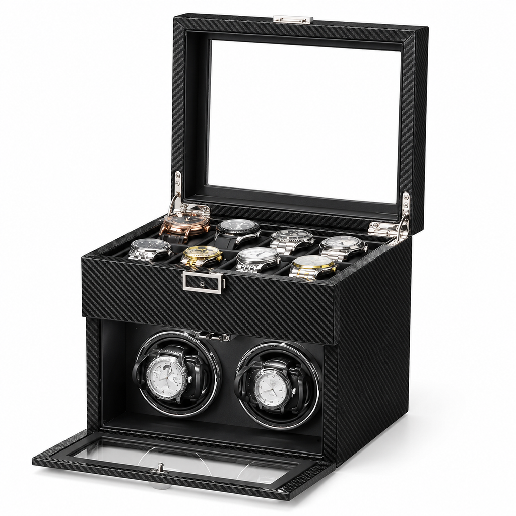 Uhrenbox mit Uhrenbeweger für 2 Uhren | Carbon-Optik